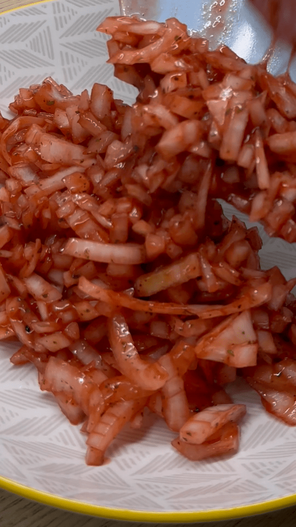 Spiced onions mixed, ready to cover and set aside in the fridge.