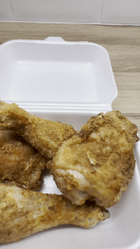 Chicken Shop Style Air Fryer Fried Chicken in a takeaway style serving tray.