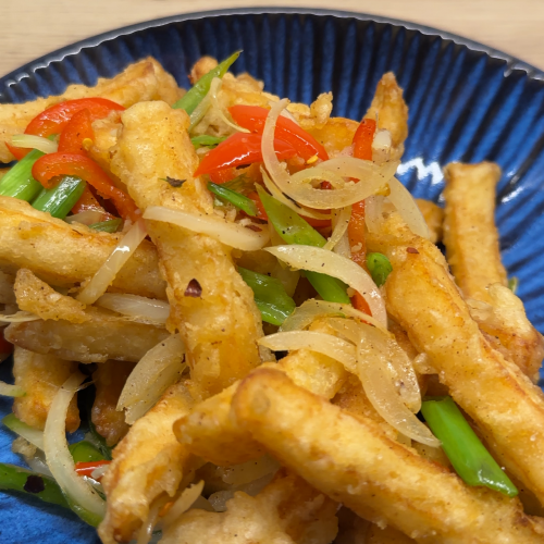 Salt & Chilli Chips (in light batter) in a serving bowl.
