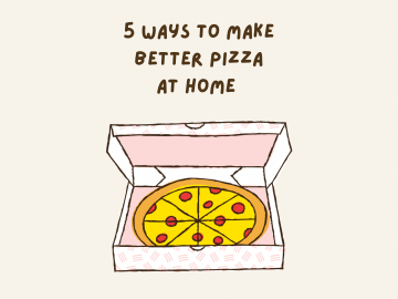 A cartoon takeaway style pizza in a pizza box. 5 ways to make better pizza at home
