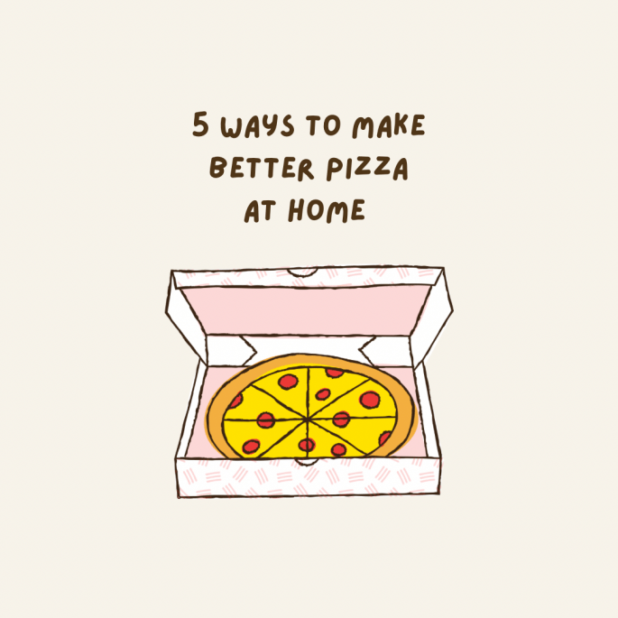 A cartoon takeaway style pizza in a pizza box. 5 ways to make better pizza at home