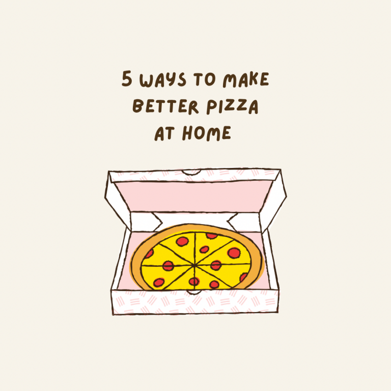 A cartoon takeaway style pizza in a pizza box. 5 ways to make better pizza at home