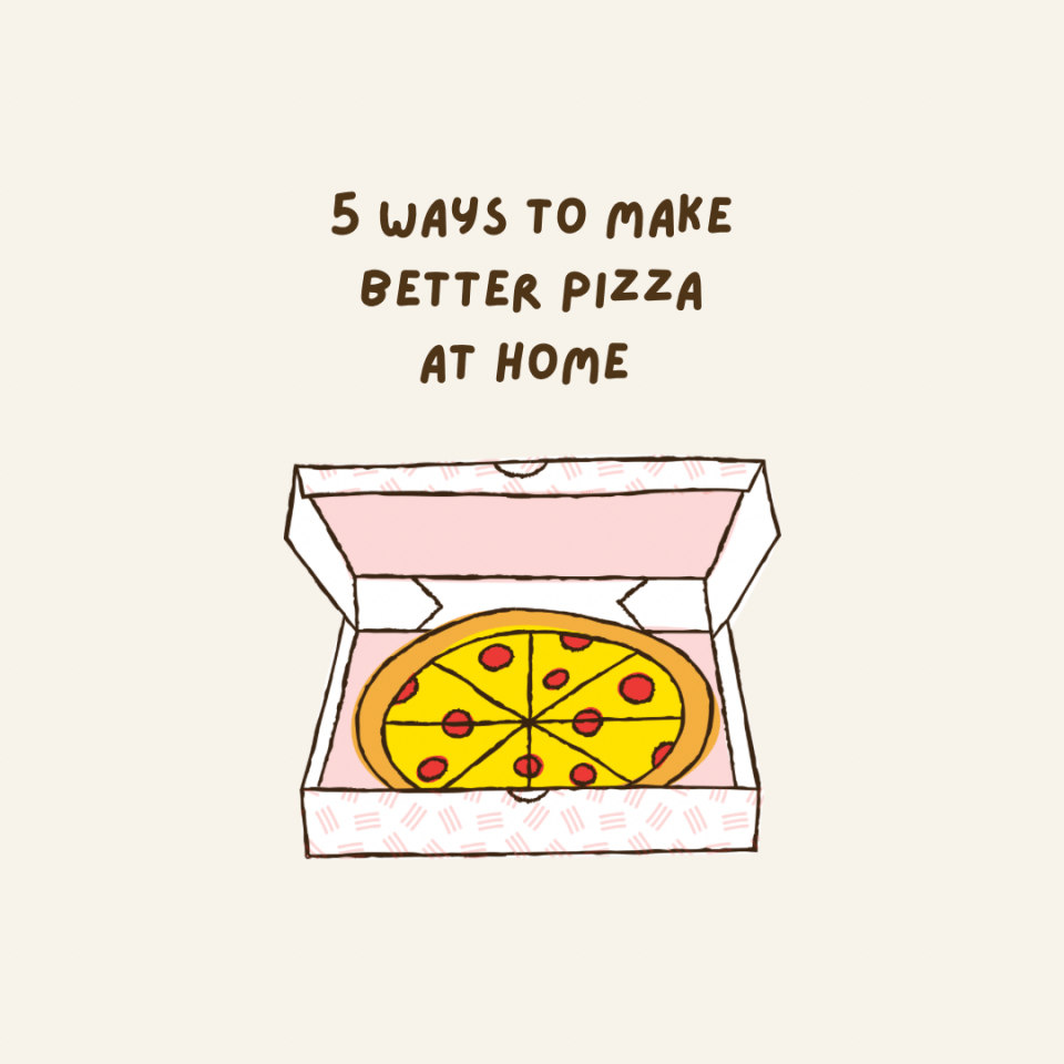 A cartoon takeaway style pizza in a pizza box.  5 ways to make better pizza at home.