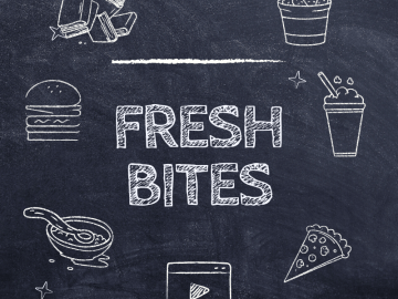 'Fresh Bites' and some crude food images written and drawn in white chalk.