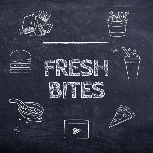 'Fresh Bites' and some crude food images written and drawn in white chalk.