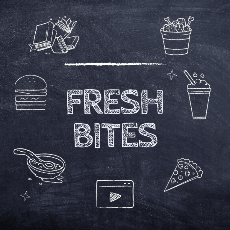 'Fresh Bites' and some crude food images written and drawn in white chalk.