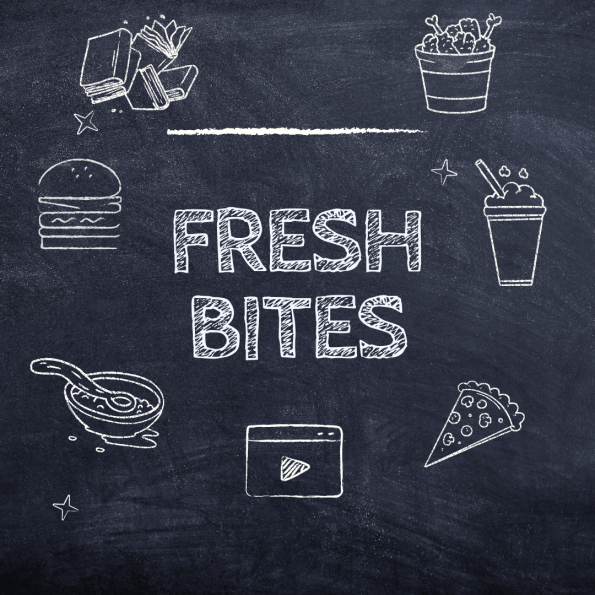 Chalkboard with Fresh Bites text and crudely drawn chalk images of food, books and videos.
