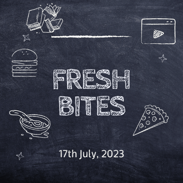 Chalkboard with Fresh Bites text and crude chalk images of food, books and a video clip icon.