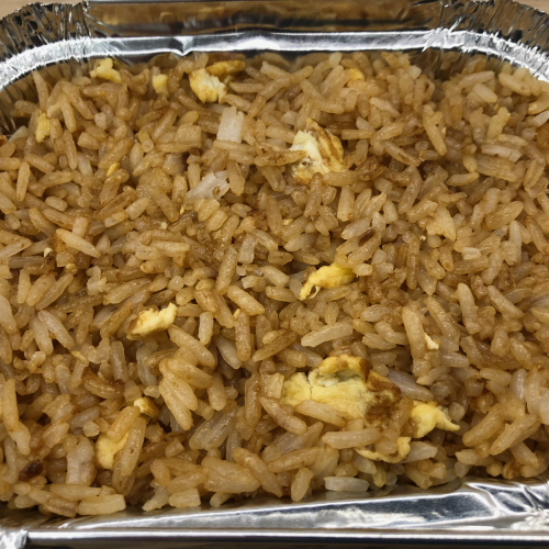 Egg Fried Rice in a takeaway style foil tray.