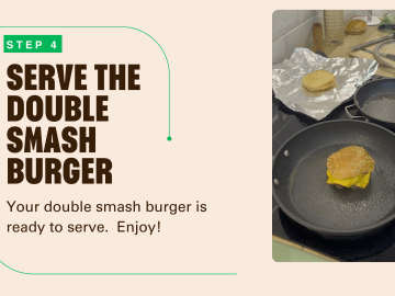 A double smash burger cooking in a frying pan.