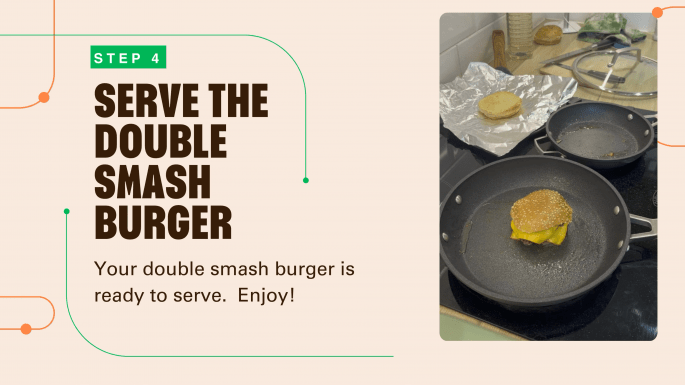 Double Smash Burger (American Fast Food Style) A double smash burger cooking in a frying pan.