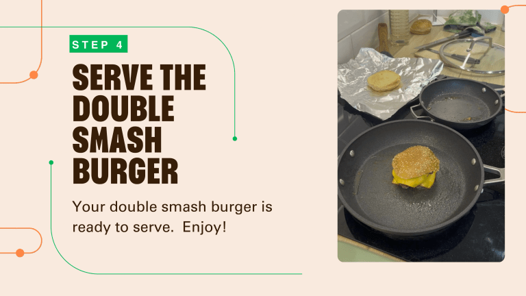 A double smash burger cooking in a frying pan.