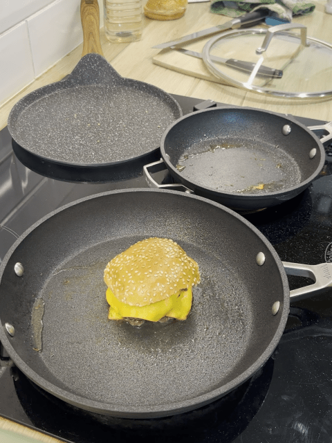 Finished double smash burger ready to wrap and serve.