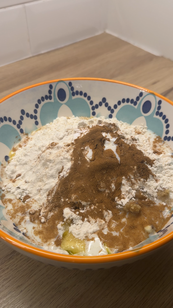Banana Bread ingredients in a large mixing bowl ready to be combined.